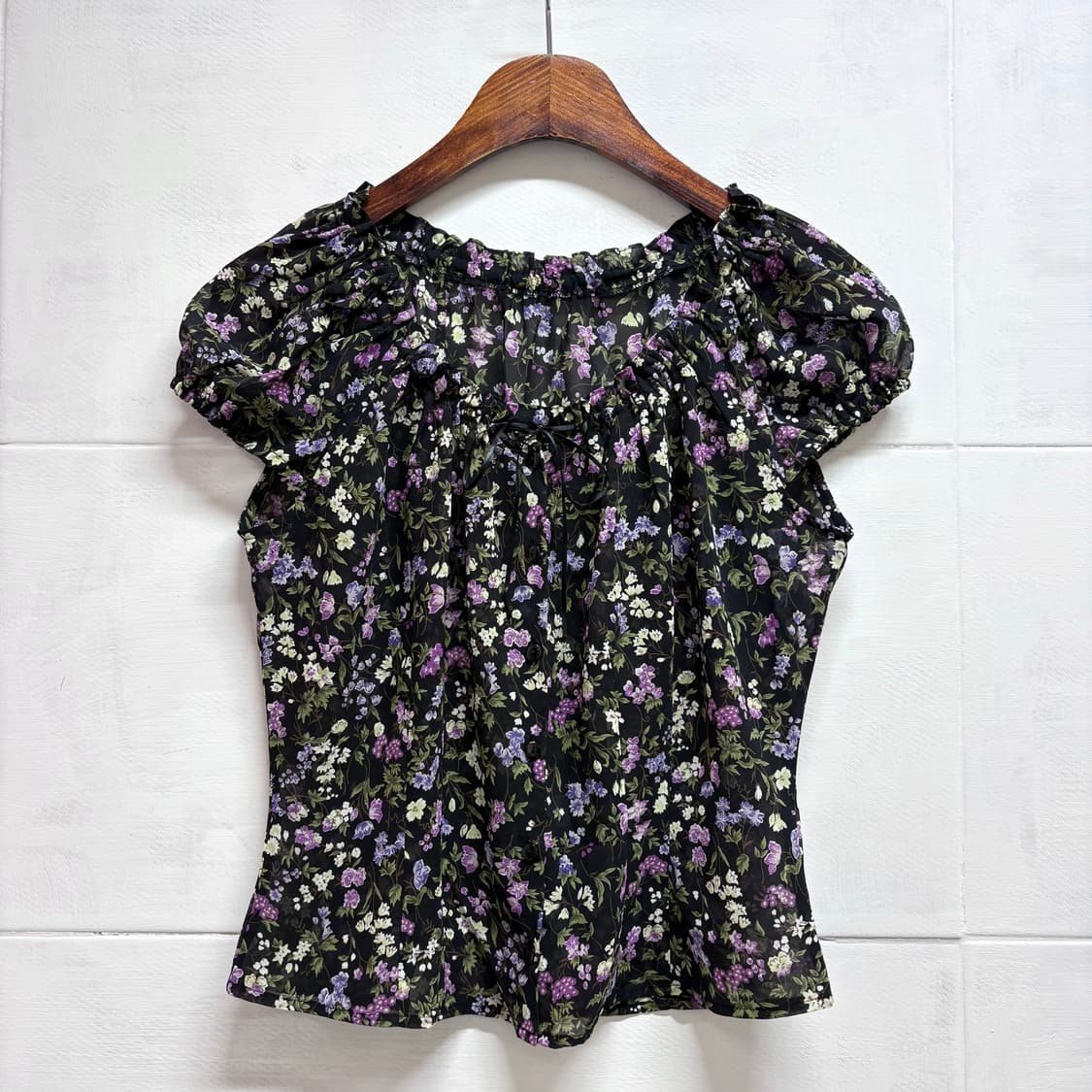 poudre 잔꽃 패턴 퍼플 리본 페어리 시스루 블라우스 JPN  상품이미지1