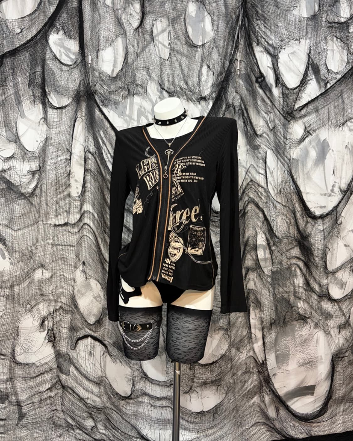 Y2K Printing chain zipper Layered sleeve 상품이미지1