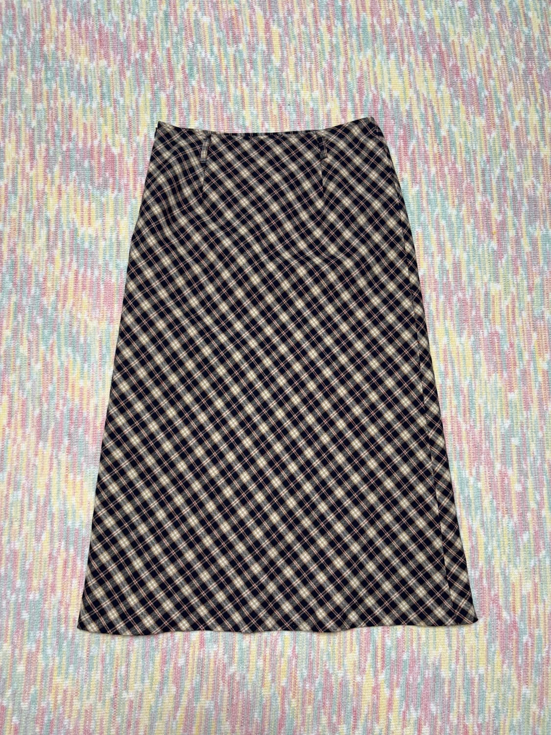 네이비 베이지 체크 롱 스커트 상품이미지1