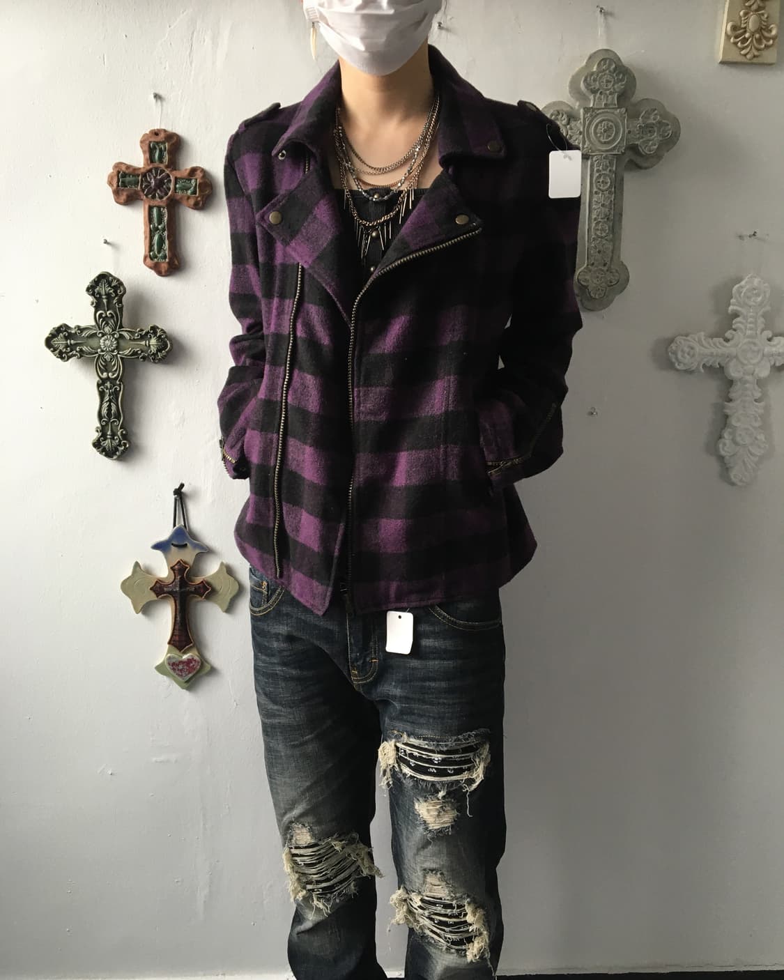 Woolen check pattern rider jacket 상품이미지1