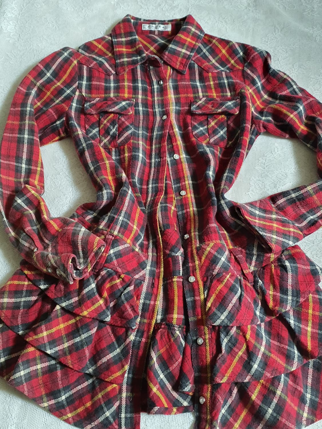 [일본빈티지] 캐캐체 아무깔 레드 체크 프릴 롱 셔츠 원피스 상품이미지7