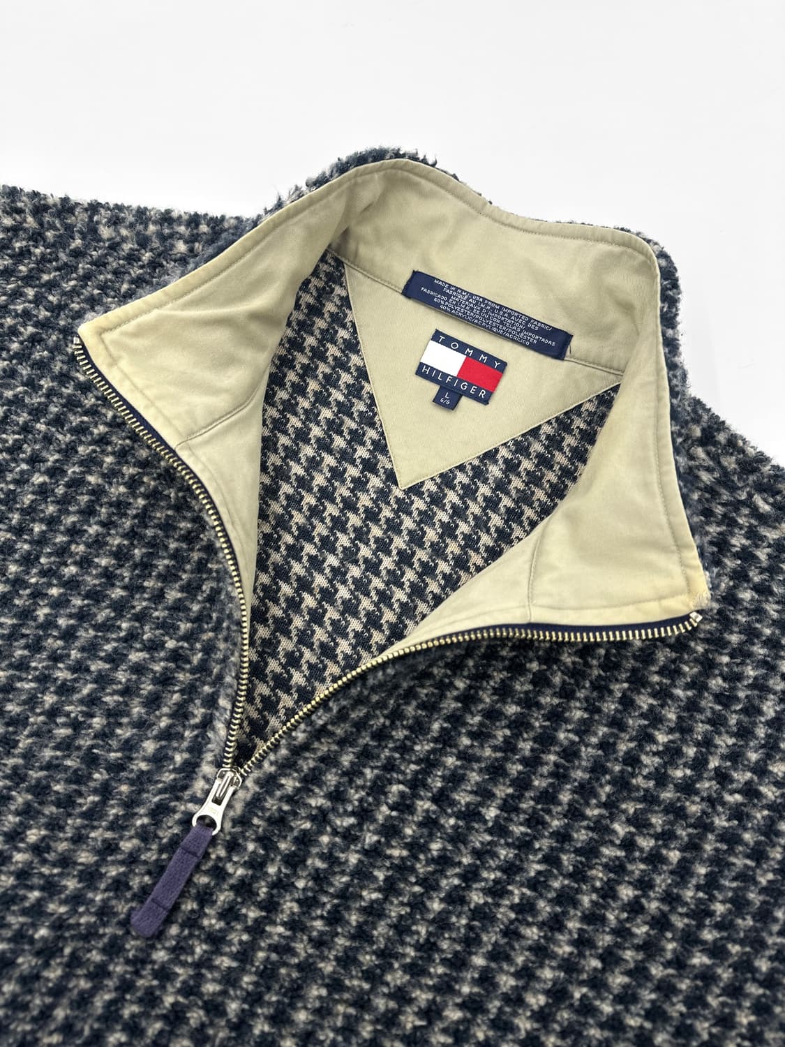 90s 빈티지 타미 힐피거 usa 부클 하운드 체크 하프 집 풀오버 상품이미지4