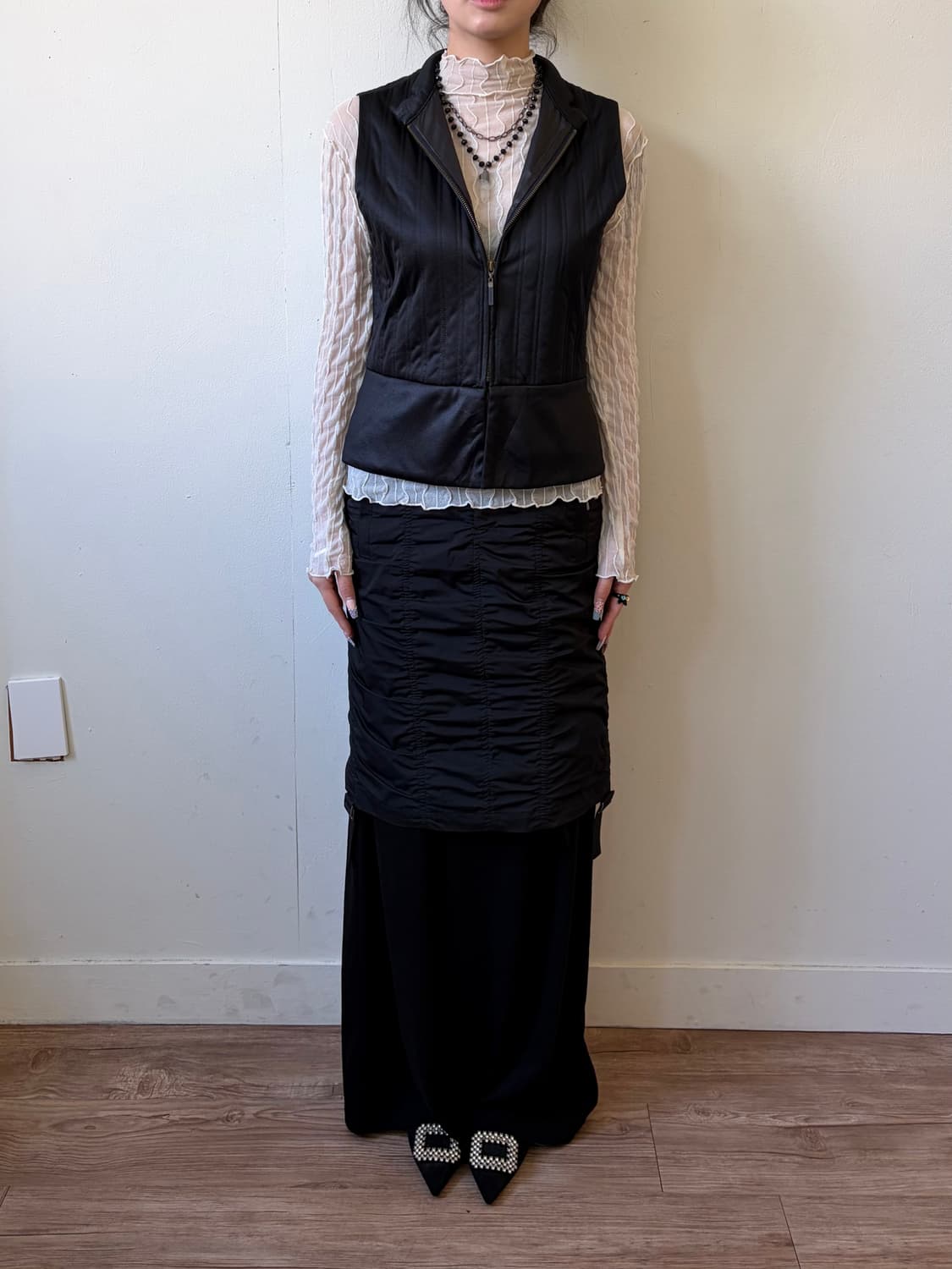 NOVESPAZIO 블랙 셔링 스커트 상품이미지6