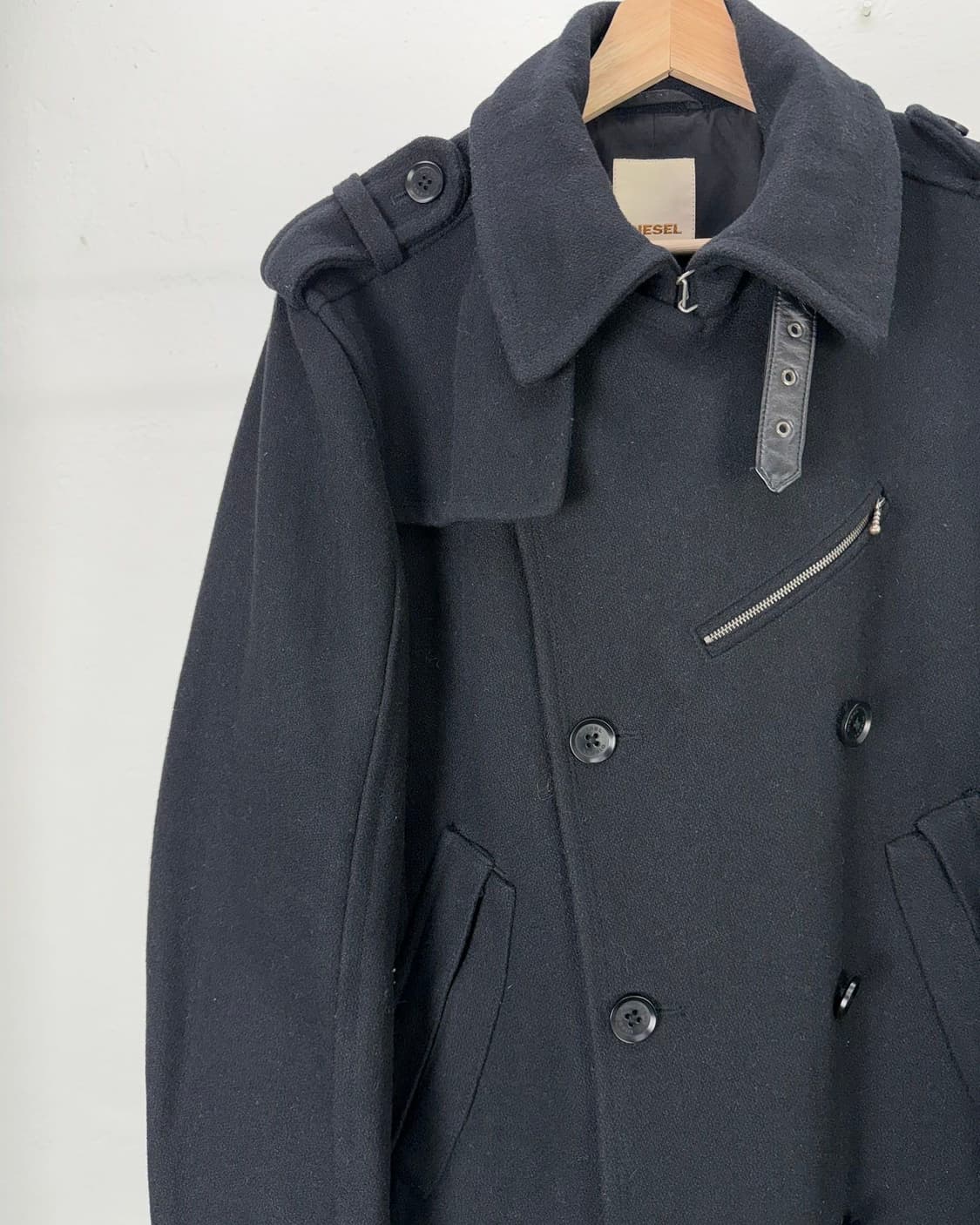 디젤 00s 블랙 투웨이 울 벨티드 카라 밀리터리 하프 코트 상품이미지2