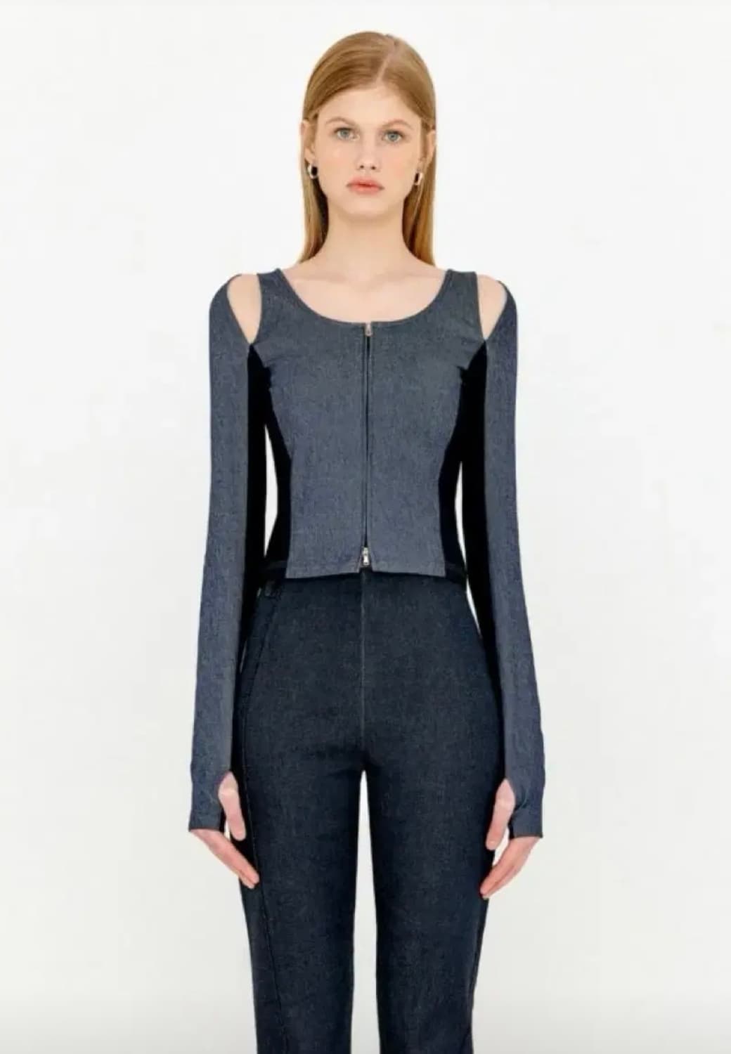 YUSE CUT OUT DENIM TWO WAY SLIM ZIP-UP 상품이미지1