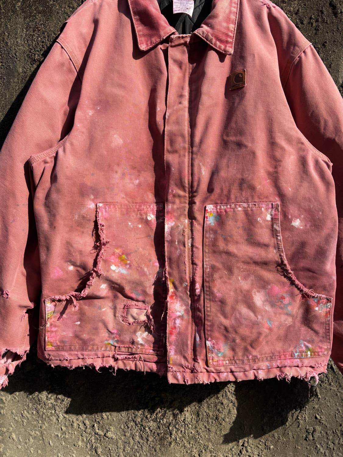 빈티지 칼하트 j22 디스트레스드 페인팅 핑크다잉 자켓 상품이미지4