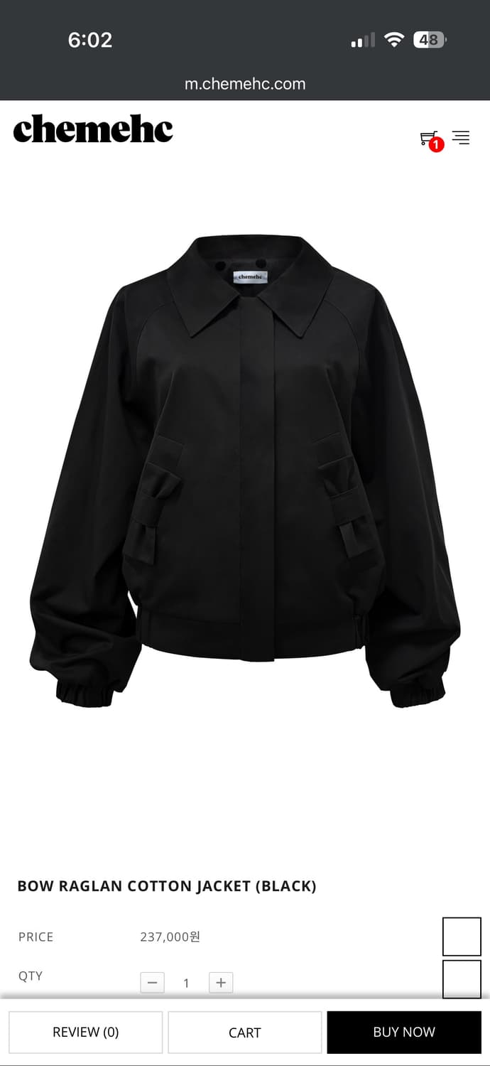 구해요)BOW RAGLAN COTTON JACKET (BLACK) 체메씨 상품이미지1