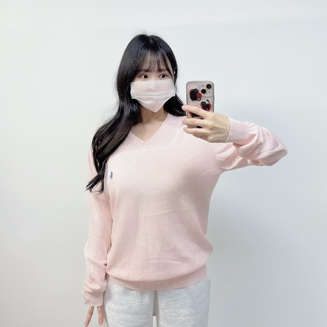 폴로 랄프로렌 포니 로고 피마코튼 브이넥 니트 연핑크 상품이미지1