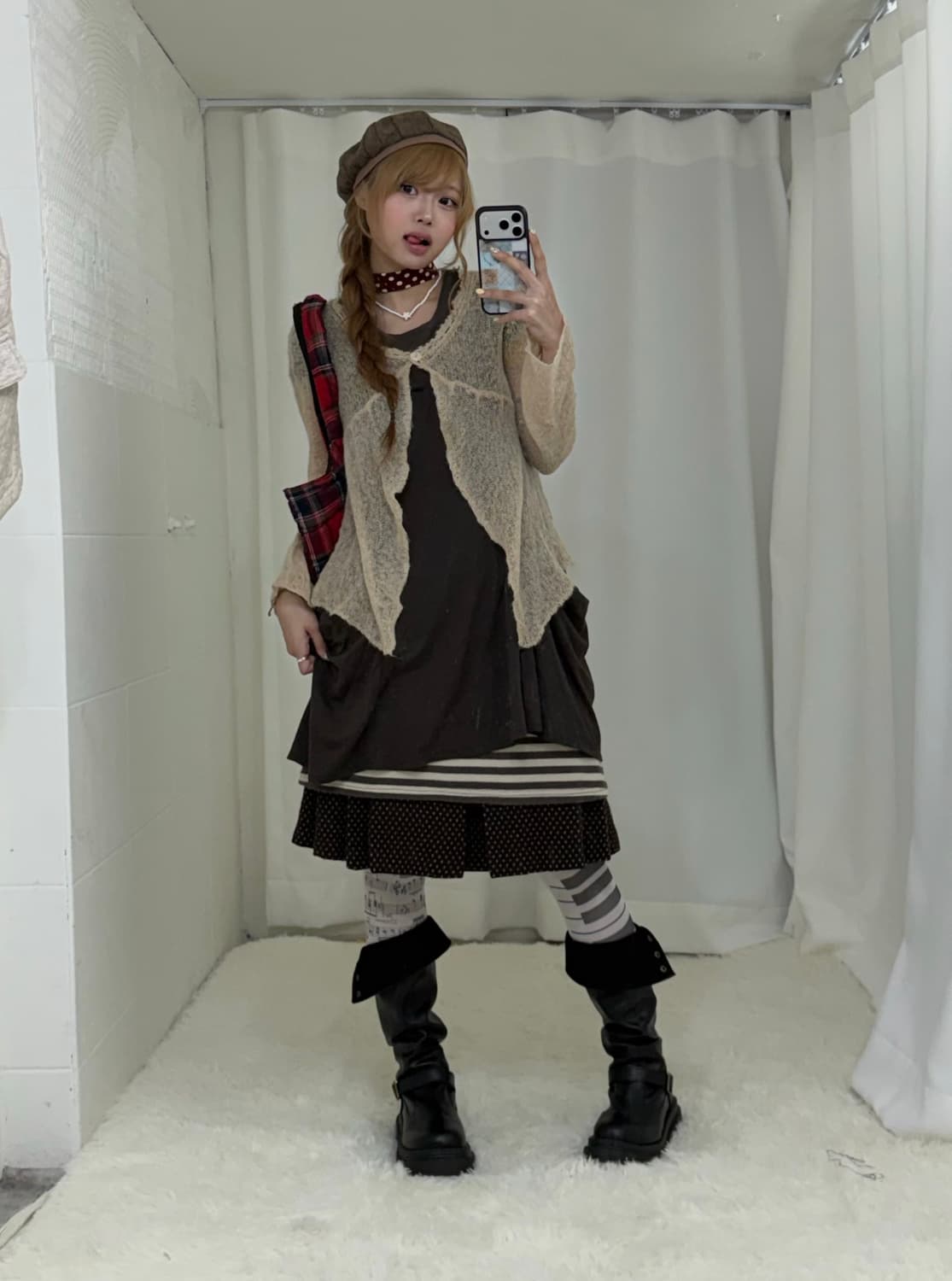 베이지 브라운 퀄팅 니혼진 도트 모리걸 사와코 코디세트 상품이미지2