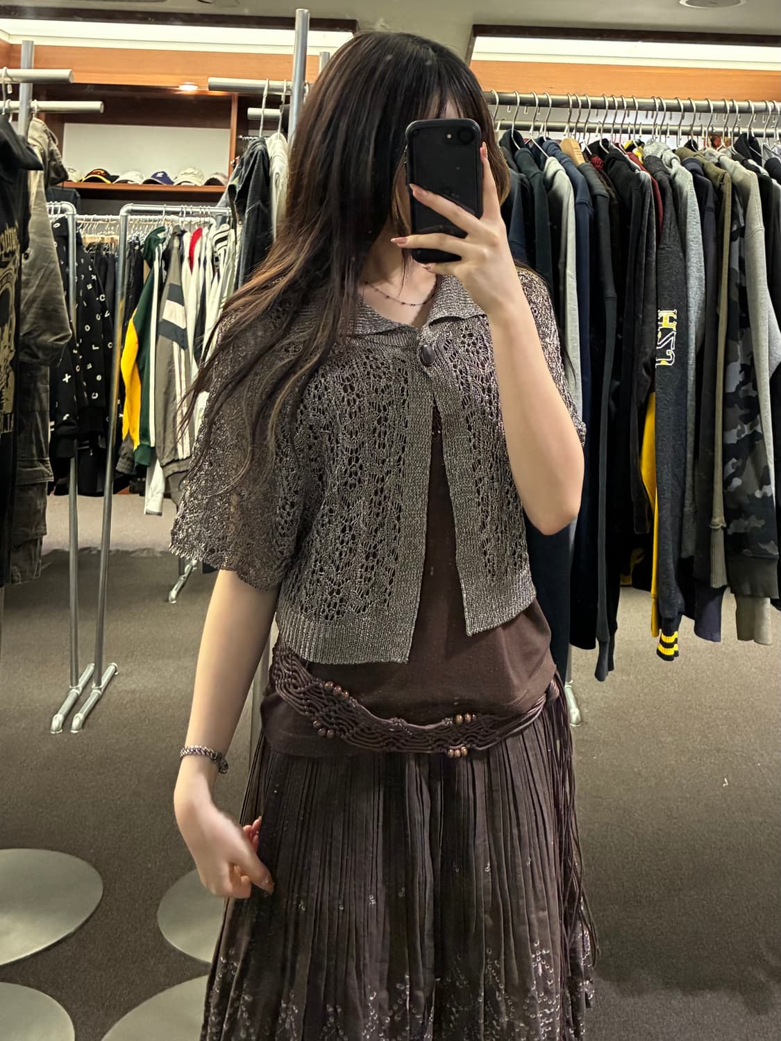 OS)Japanese vintage 여성 펀칭 발팔 니트 가디건 상품이미지1