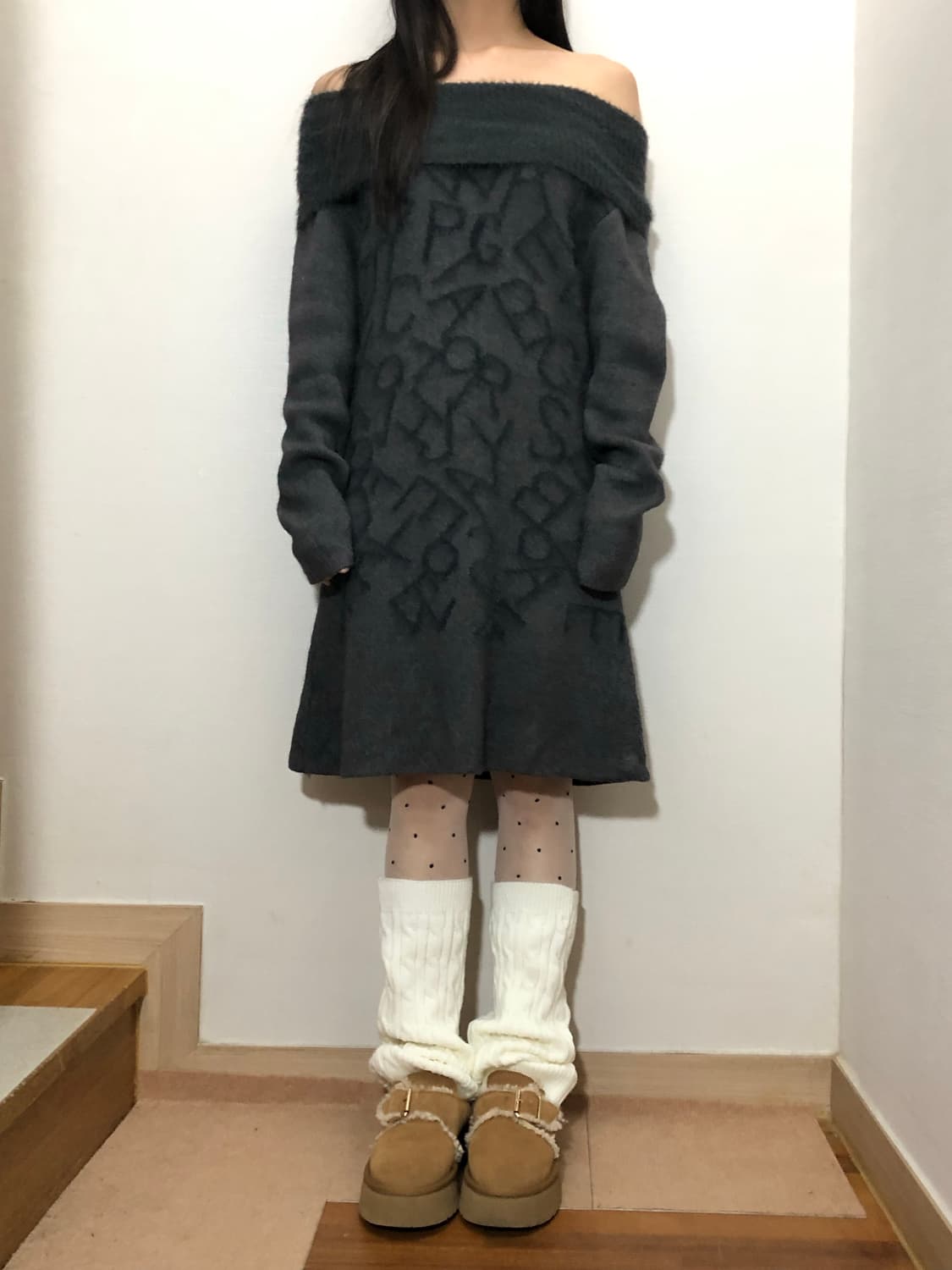 빈티지 그레이 오프숄더 니트 원피스 상품이미지3