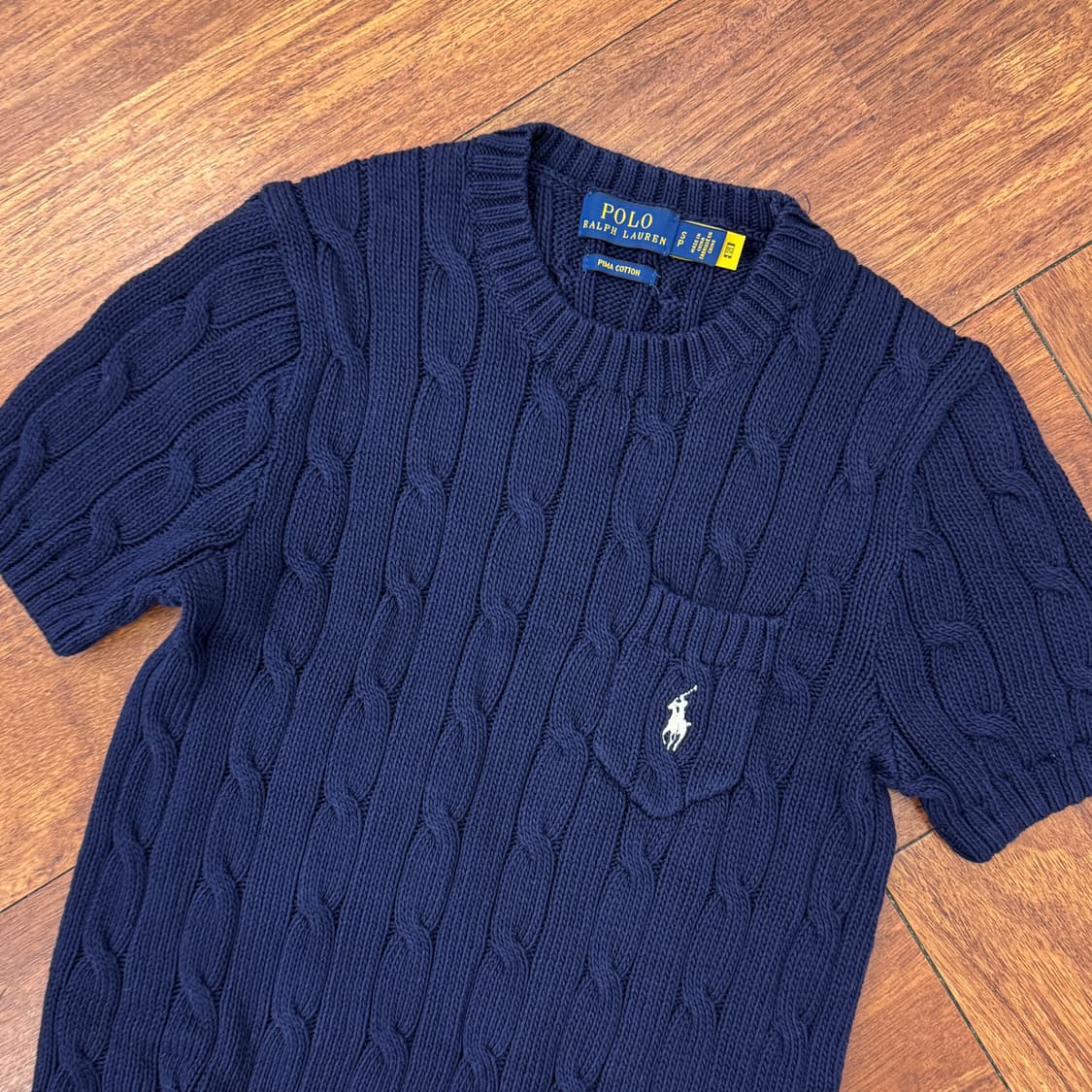 여성용 S 폴로 랄프로렌 네이비 피마코튼 케이블 반팔 니트  상품이미지3