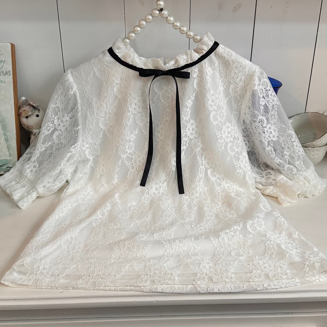 레이스 블라우스 화이트 리본 포인트 상품이미지2