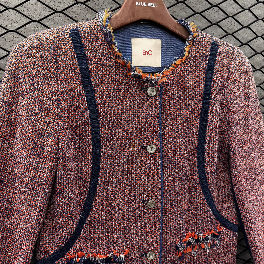 JPN VINTAGE 멀티톤 트위드자켓 네이비 테이핑 라인 프린지 디테일 상품이미지4