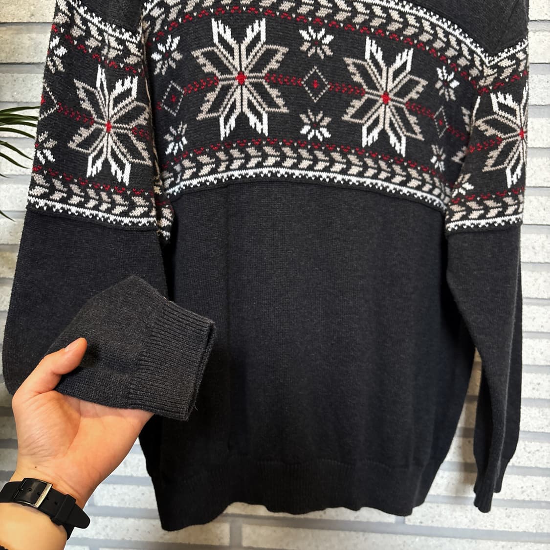 USA VINTAGE 노르딕 패턴 코튼니트 엠보싱 라인 디테일 다크차콜 상품이미지5