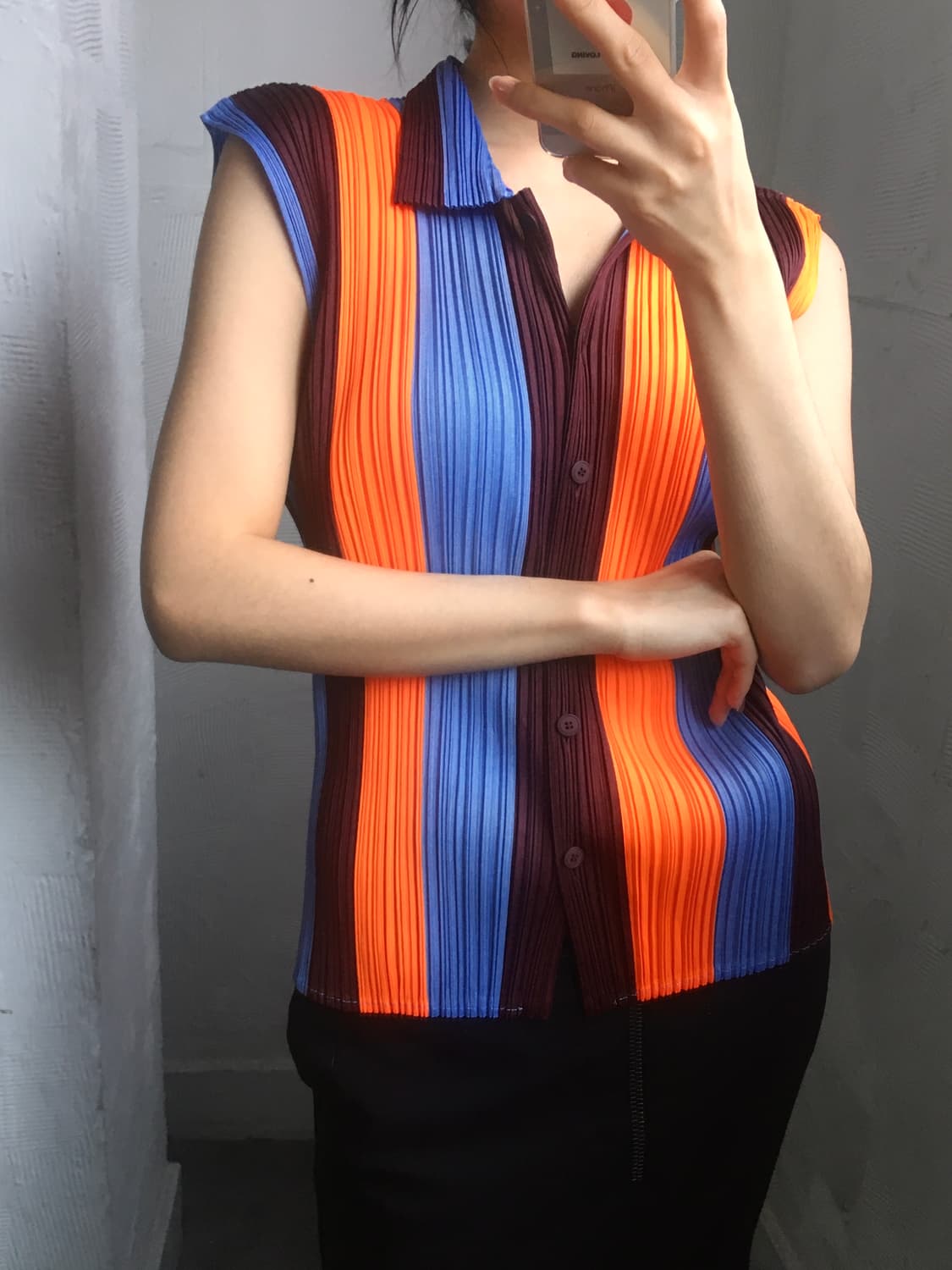 Pleats Please 플리츠플리즈 3색 스트라이프 패턴 슬리브리스 탑 상품이미지1