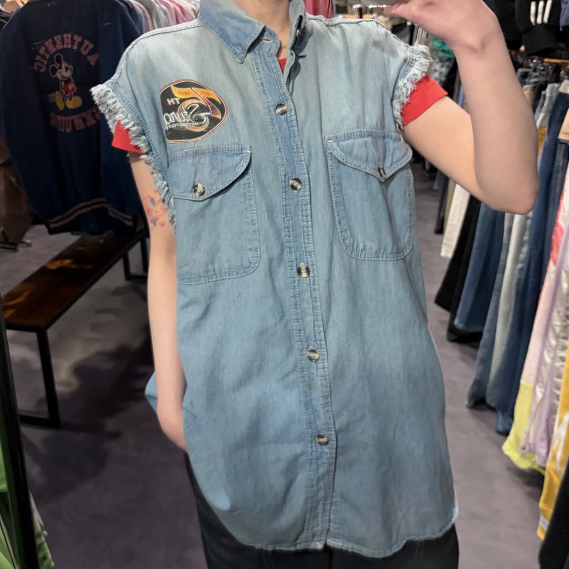 [IM] vtg 이글 프린팅 컷오프 데님 셔츠 베스트 연청 상품이미지3