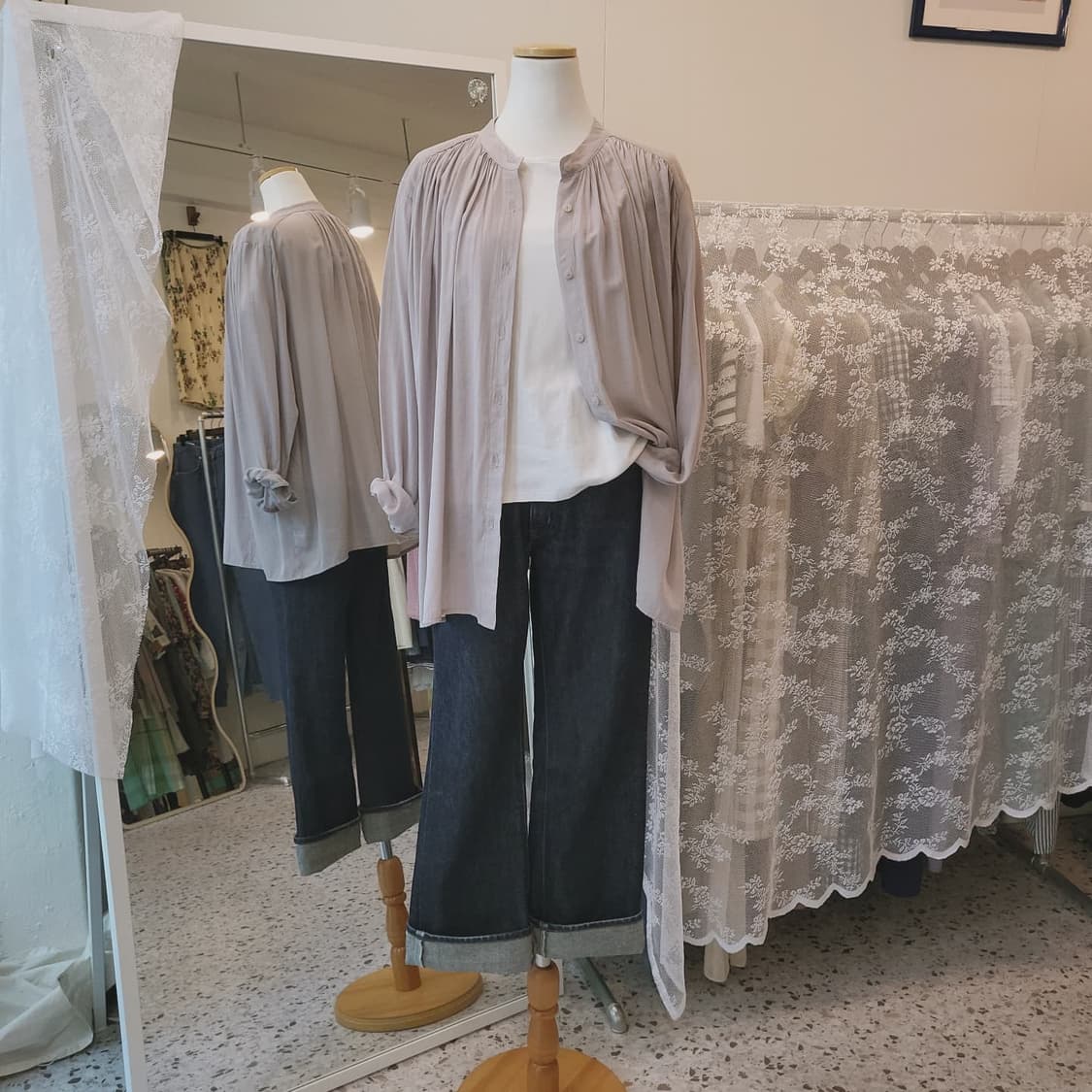 그레이쉬핑크 레이온 노카라 셔츠 상품이미지1