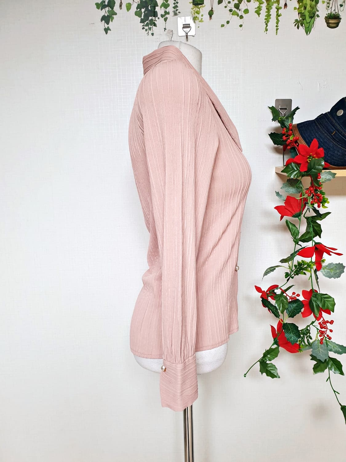 자스민 뾰족카라 스판 블라우스 55 66 핑크 상품이미지6
