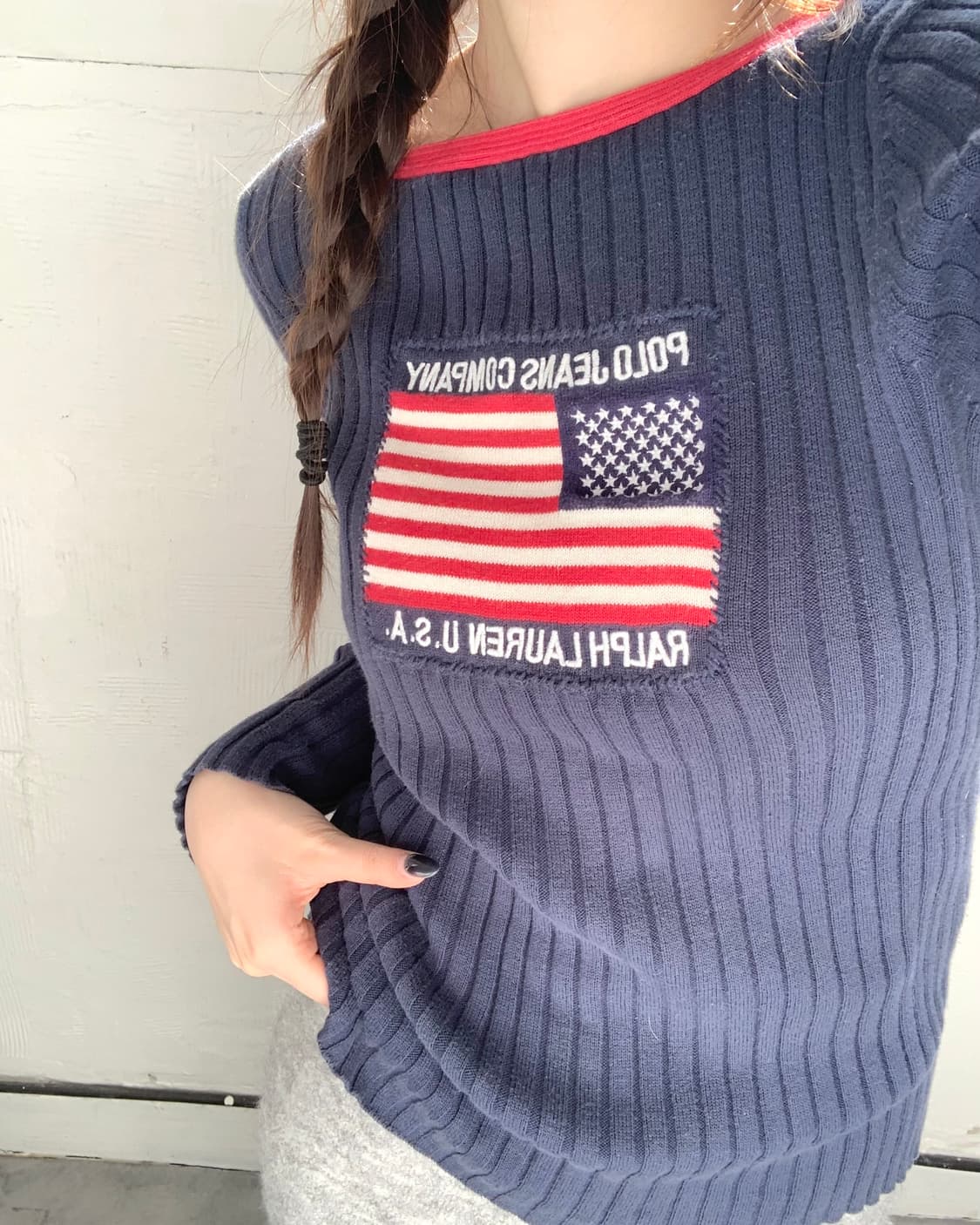 Polo 폴로 랄프로렌 진스 네이비컬러 성조기 슬리브 니트 상품이미지1