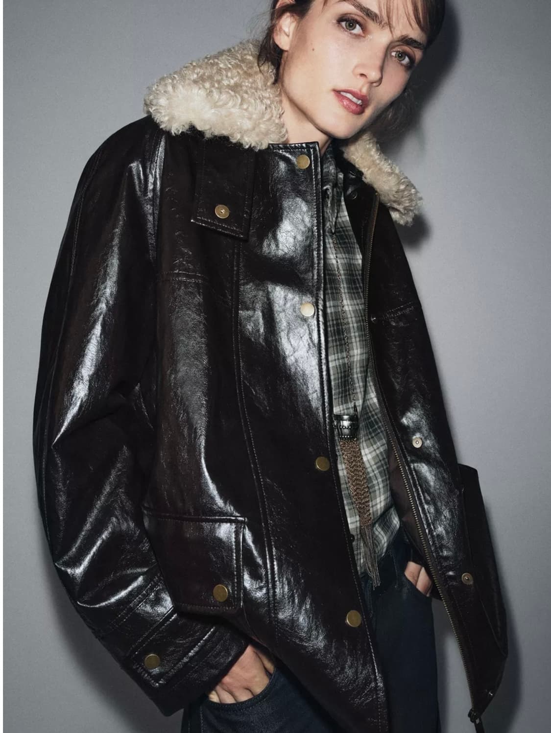 자라 ZW 페이크 퍼 카라 재킷 브라운 S<품절상품> 상품이미지2