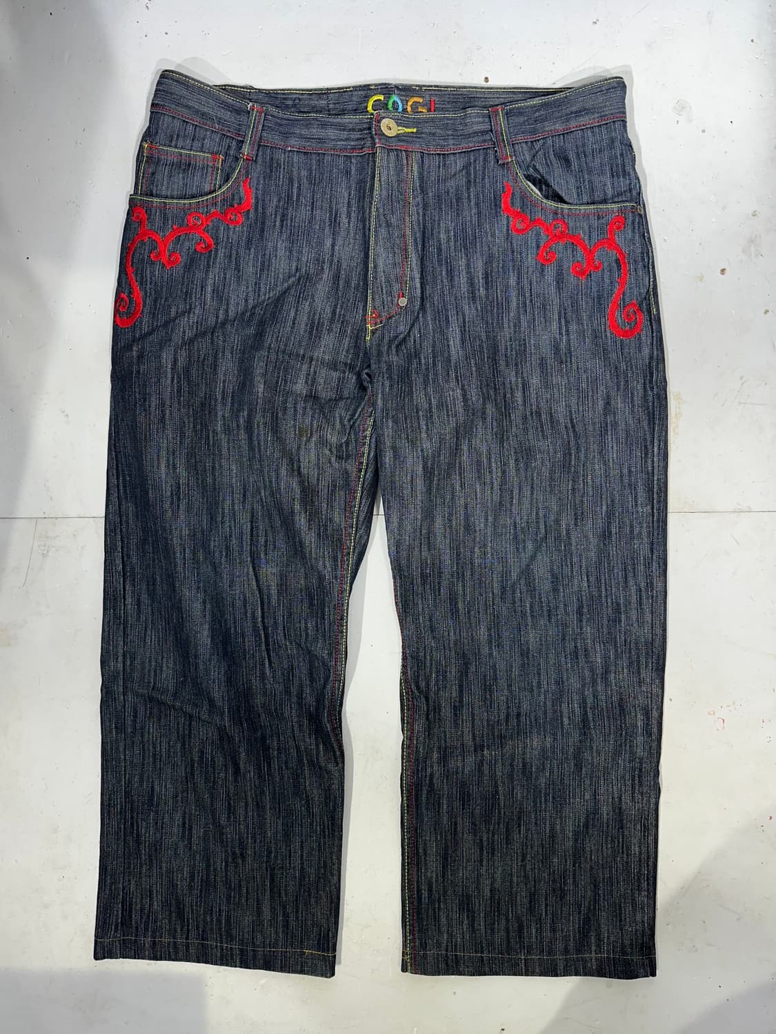 쿠지 진청 대장급 레드 자수 포인트 와이드 데님 청바지 상품이미지4