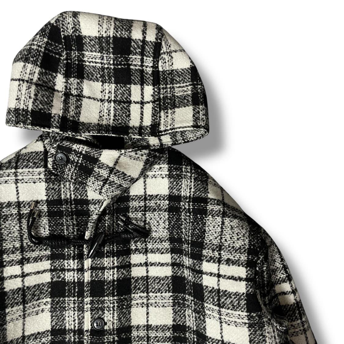 MALENKll 투포켓 블랙화이트 체크 후드 더플 롱 코트 상품이미지3