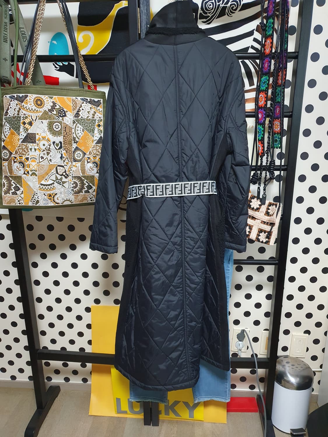 리얼 무스탕 카라 주머니 패딩 롱코트 M 상품이미지3