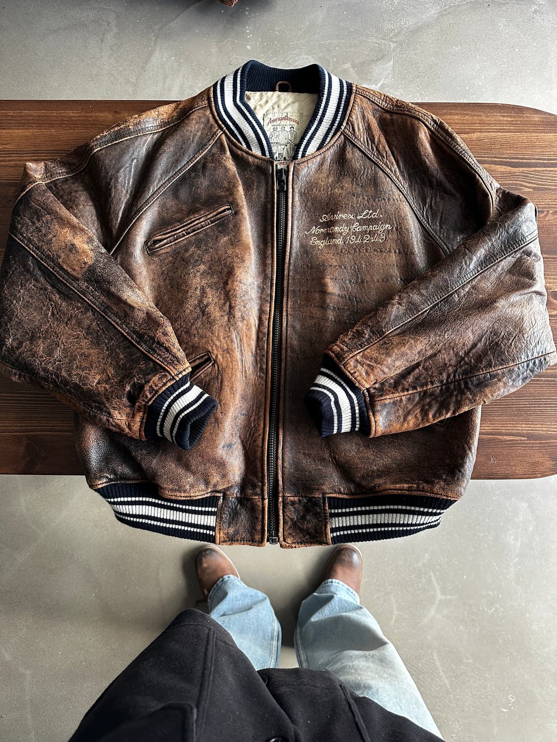 90s Avirex 아비렉스 레더 바시티 자켓 브라운 상품이미지2