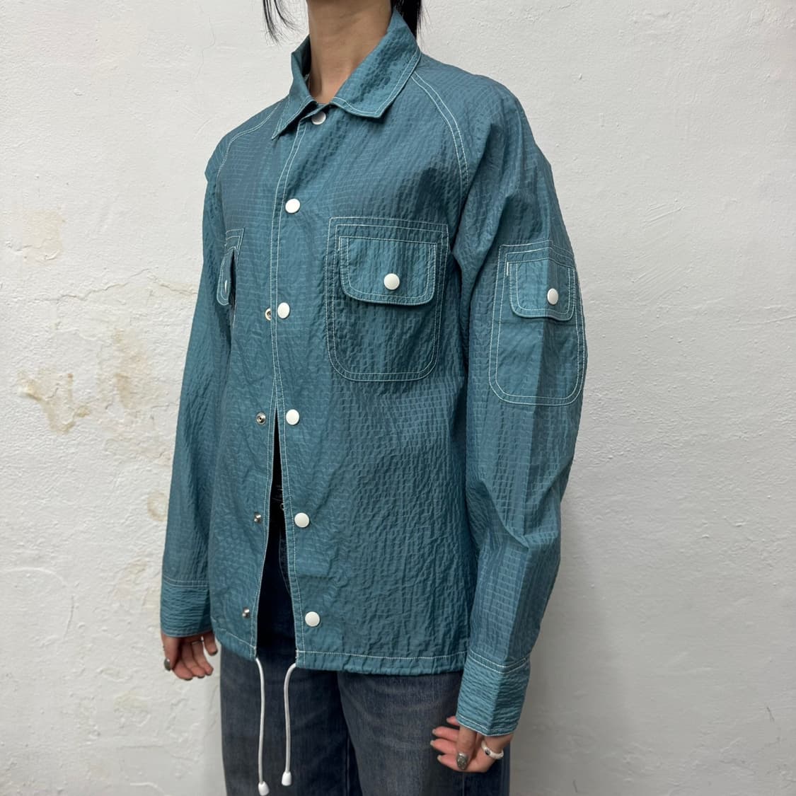 빔즈+(BEAMS+) 민트컬러 입체 패턴 나일론 스포츠 스냅 셔츠 자켓 상품이미지1