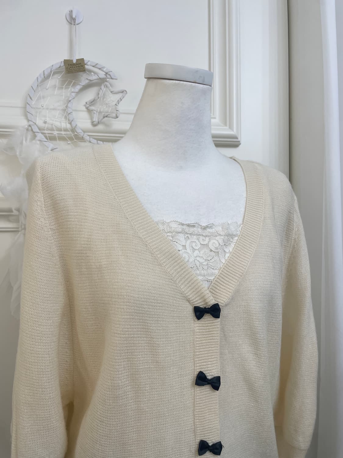 ivory black bow cardigan&lace pleats cot 상품이미지6