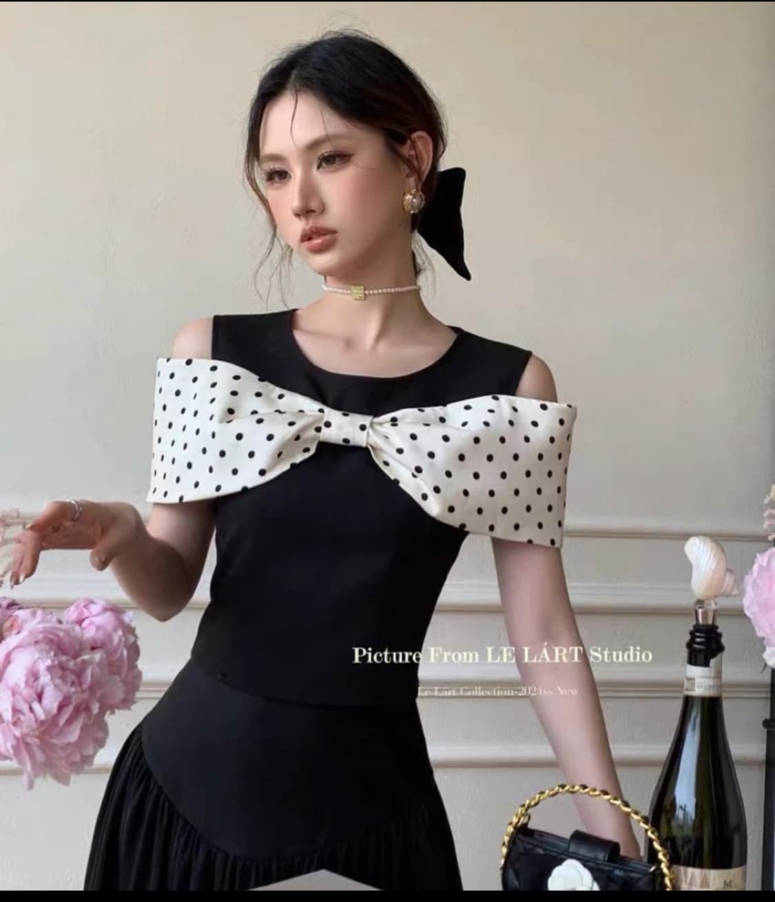 LE L'ART 도트 리본 상의 상품이미지1