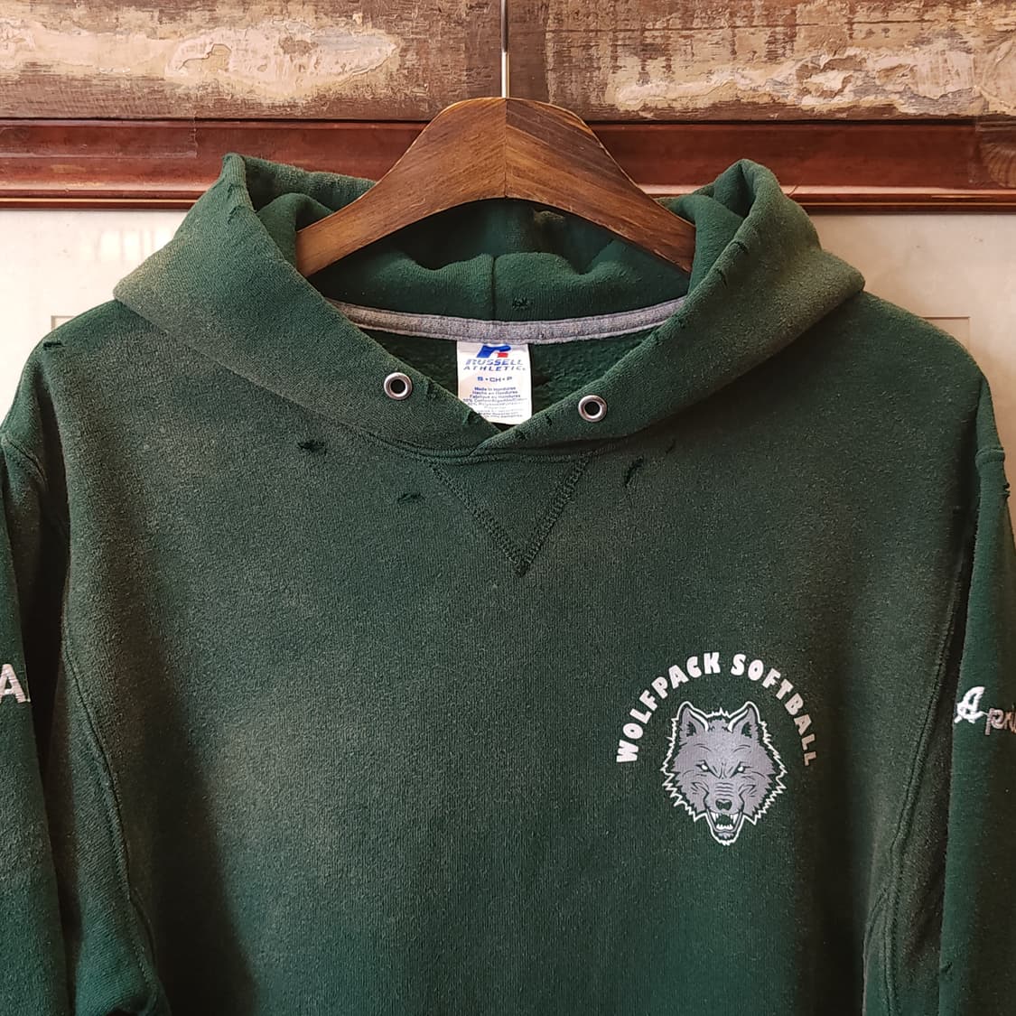 90s 러셀 후드 빈티지 스웻셔츠 썬페이딩 그린 울프 프린팅 s 상품이미지3
