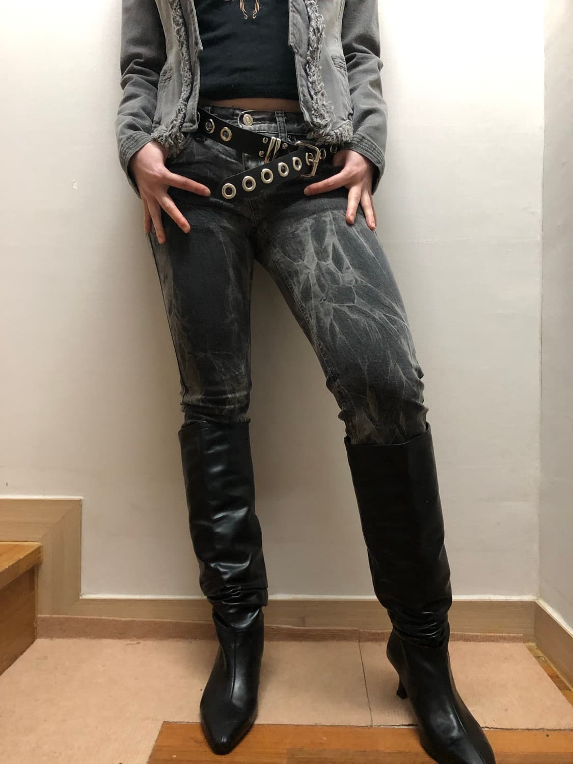 빈티지 블랙 펑크 데님 팬츠 상품이미지2