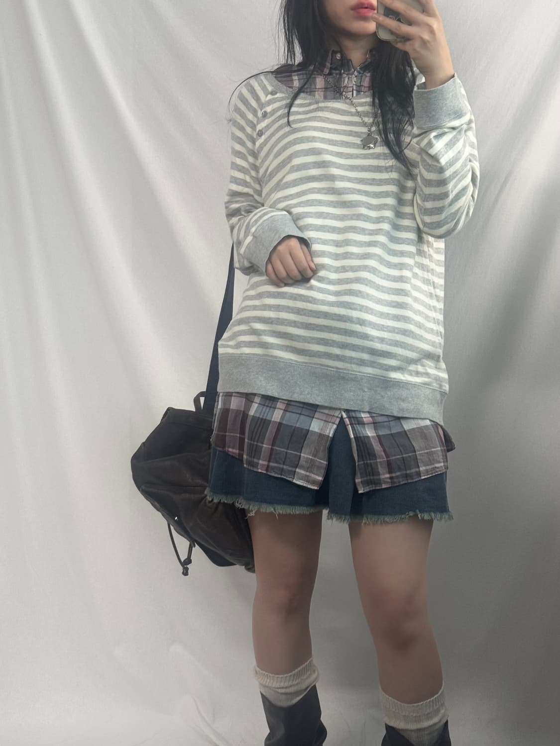 버튼 숄더 디테일 체크 셔츠 원피스 데님 스커트 3pcs SET 상품이미지3