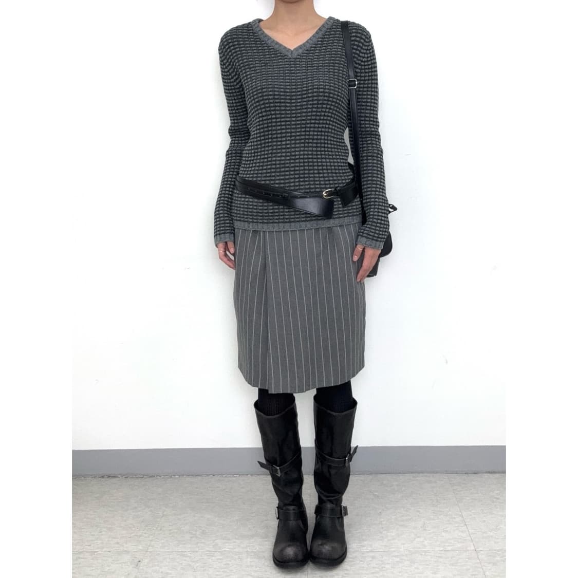 빈티지 차콜 스트라이프 미디 스커트 상품이미지2