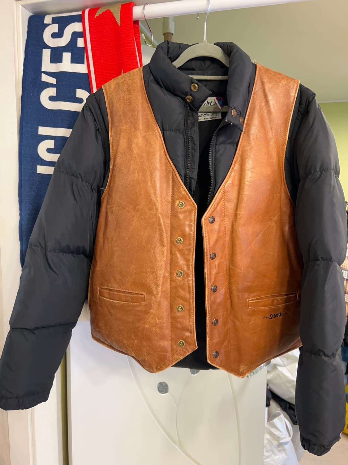42 )90년대 Schott 쇼트 레어 가죽 베스트 구스 다운 패딩 상품이미지2