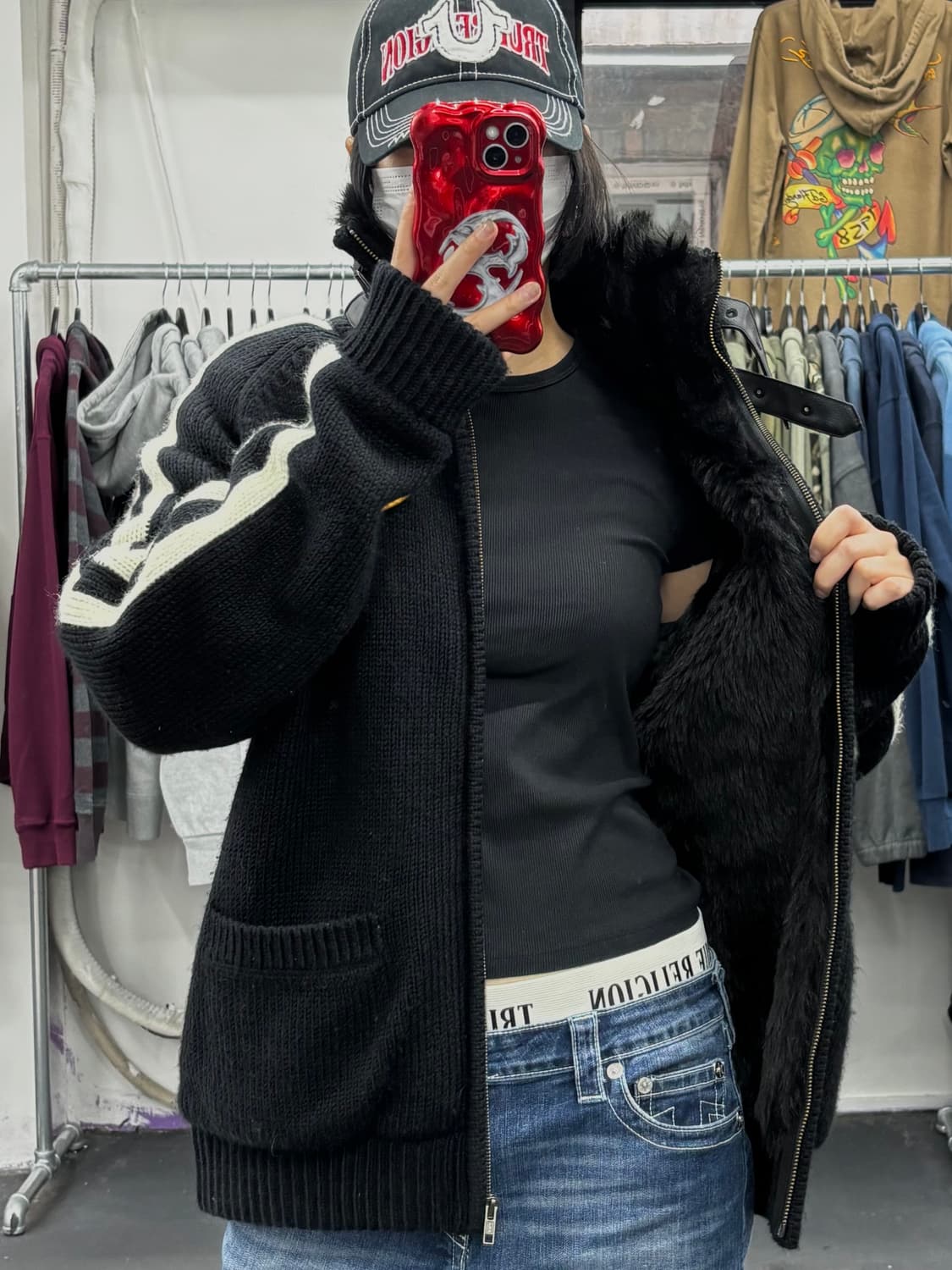 밴슨 레더 스컬 코위찬 니트 자켓 상품이미지2