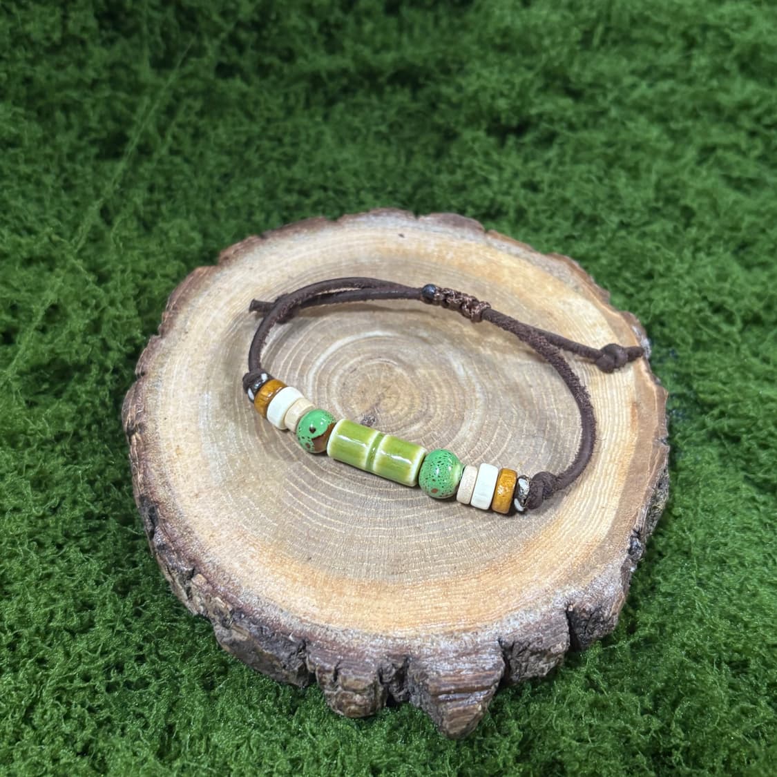 핸드메이드 웨스턴 보헤미안 소가죽 도자기 우드 나무 길이조절 포인트 팔찌 상품이미지4