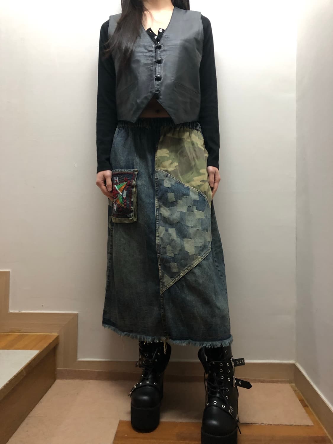 빈티지 데님 카모 패치워크 롱 스커트 상품이미지4