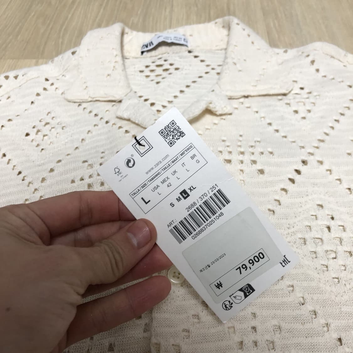 (L) 새상품 ZARA 자라 텍스처드 크로셰 반팔 셔츠 아이보리 상품이미지3