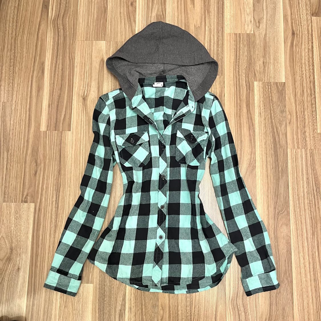 민트 체크 후드 셔츠 상품이미지1