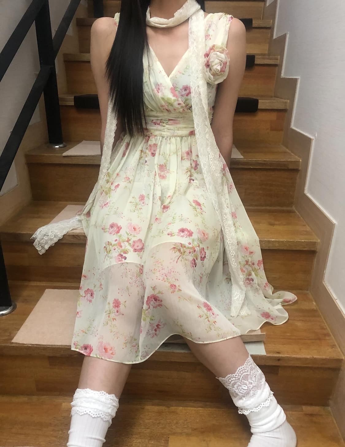 빈티지 화이트 플라워 롱 원피스 상품이미지5