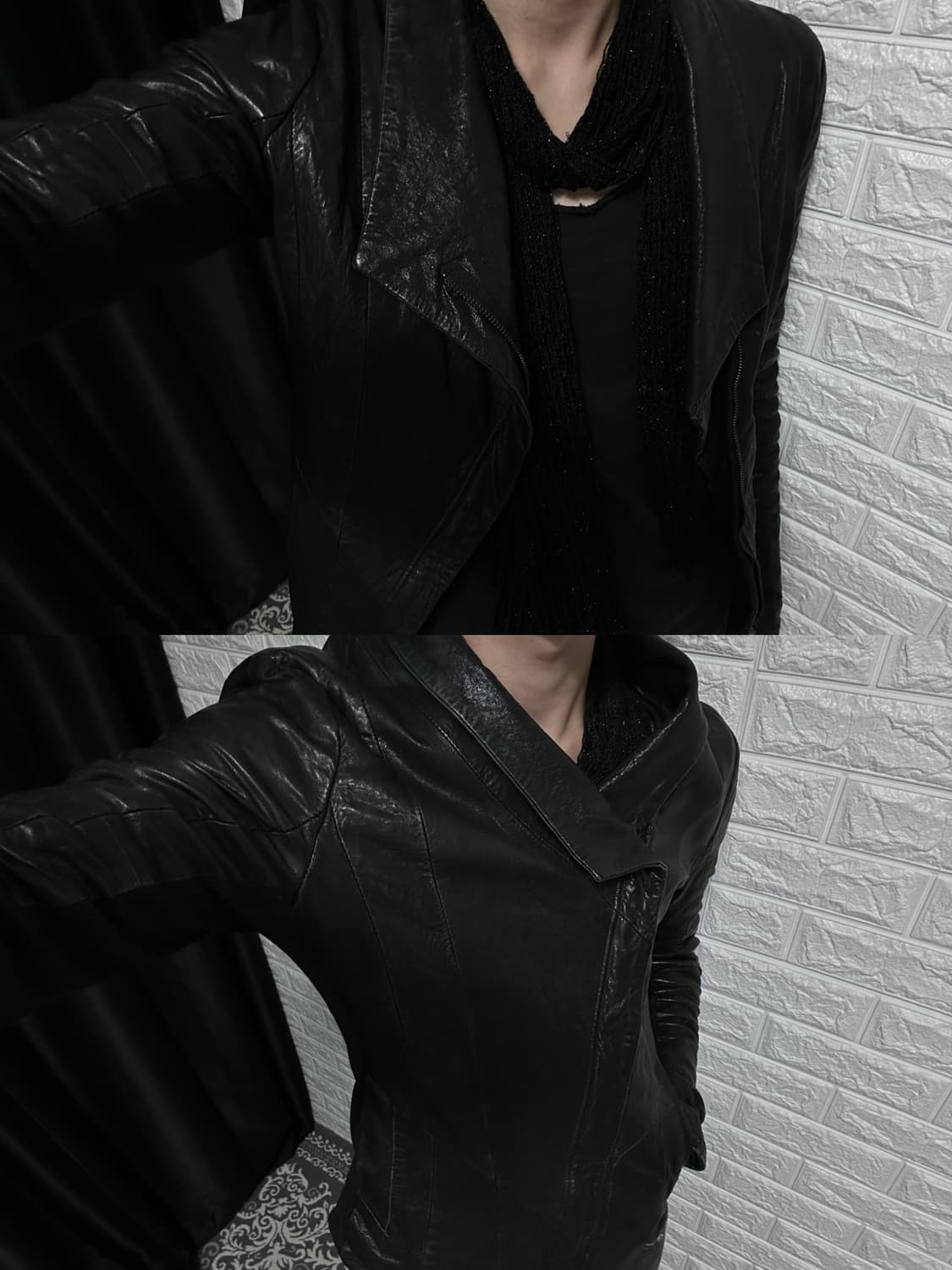 No id 비대칭 커브드 암 램스킨 자켓 상품이미지1