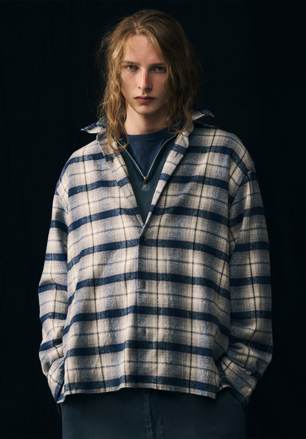 [3] 아프레쎄 실크냅 체크 셔츠 네이비 상품이미지1