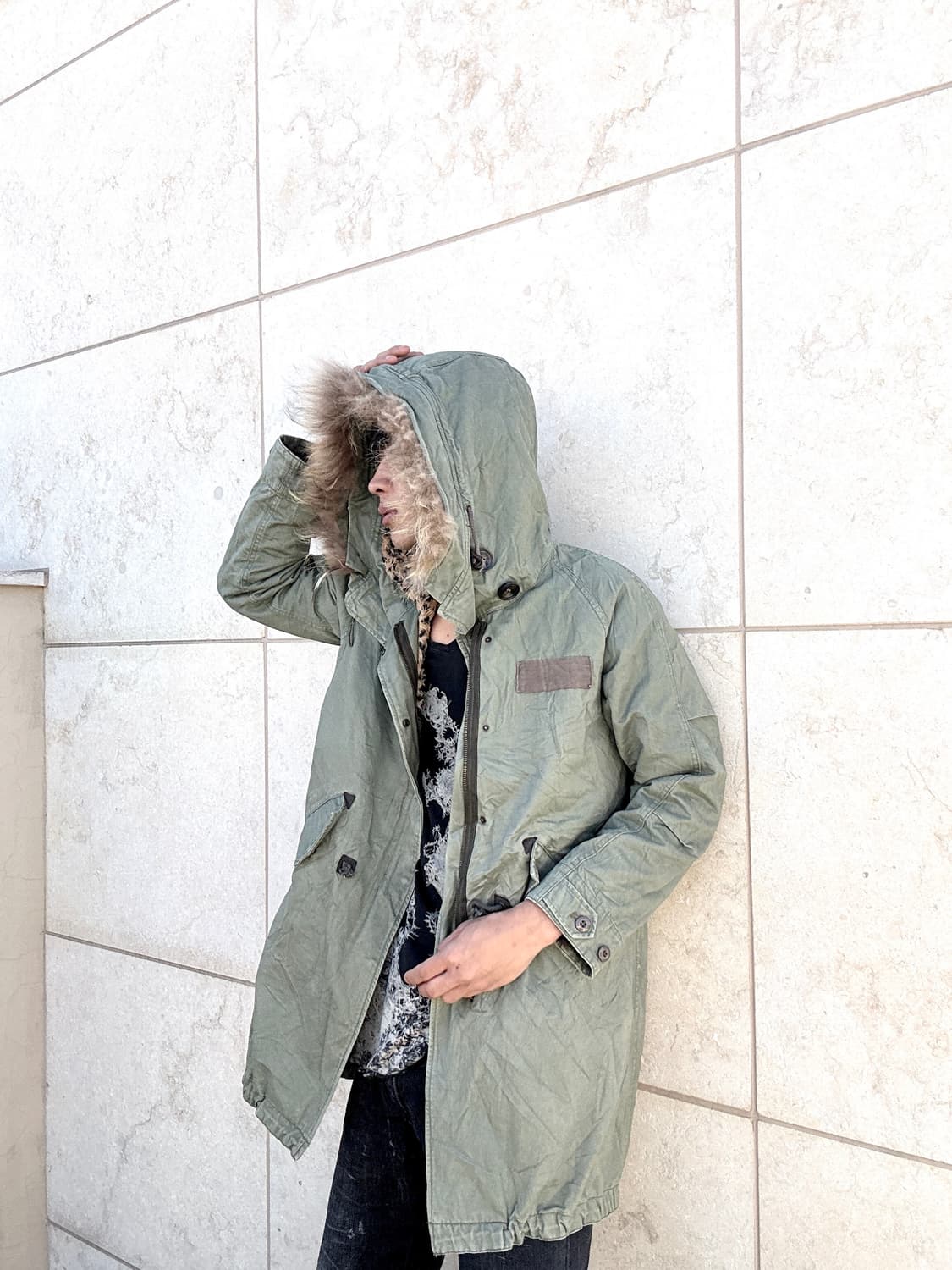 Leopard Detail Khaki Fur Hoodie Field Ja 상품이미지7