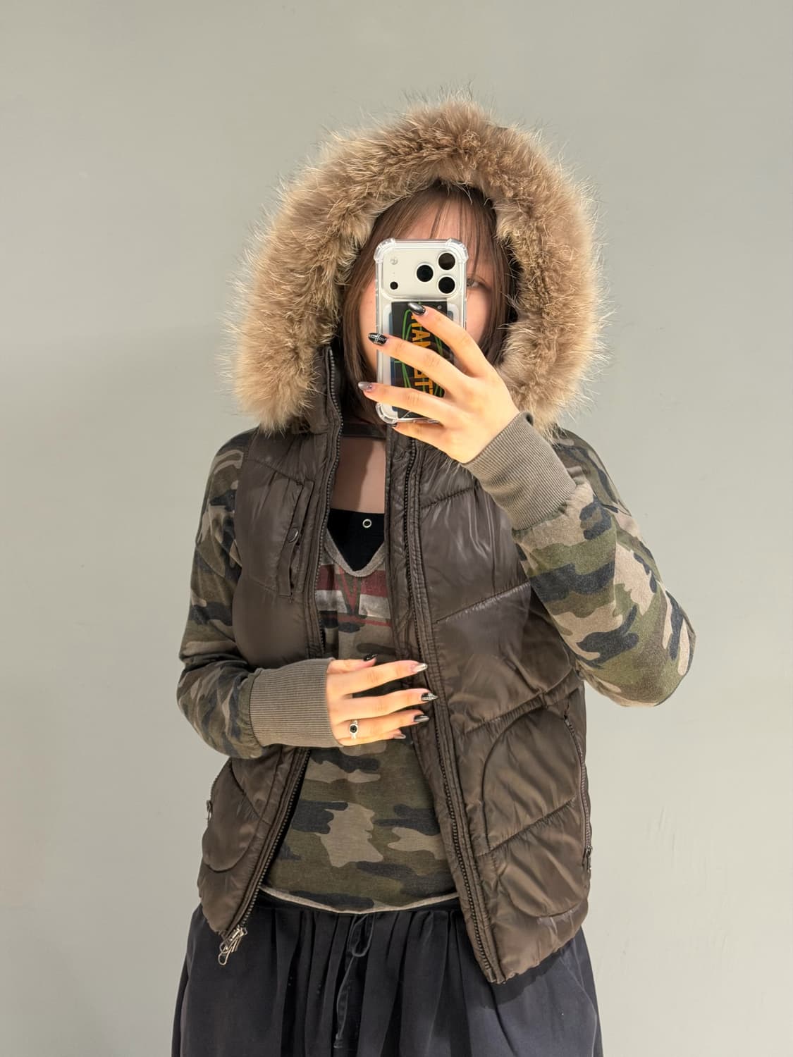 brown fur trimming point padding vest 상품이미지3