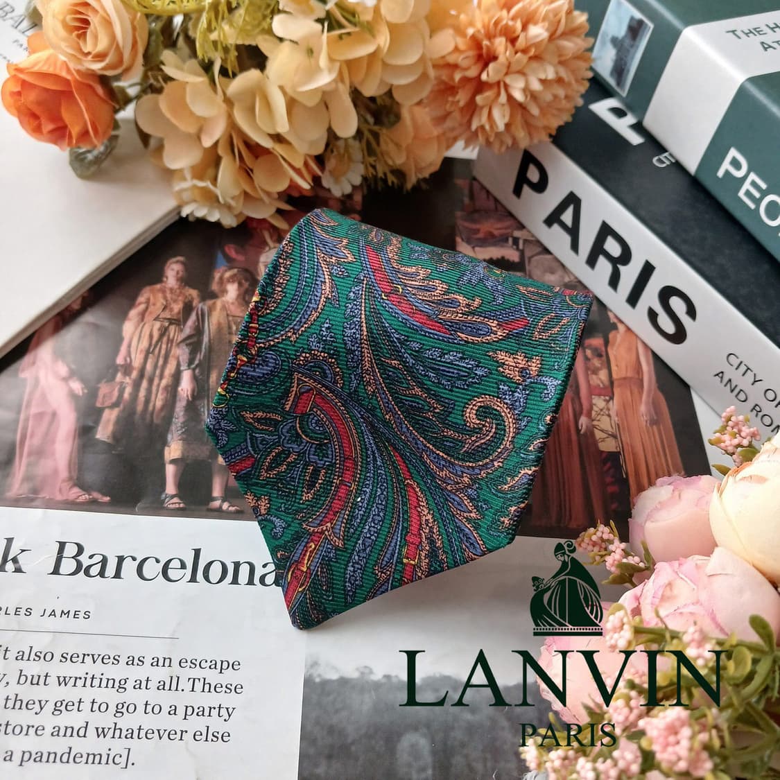 LANVIN 랑방 실크 그린 페이즐리 넥타이 9.5cm A+등급 E113 상품이미지2
