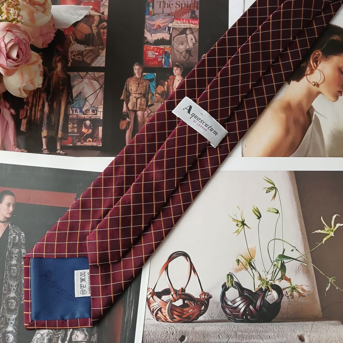 아쿠아스큐텀 실크 버건디 체크 패턴 넥타이 9.3cm A등급 A19742 상품이미지5
