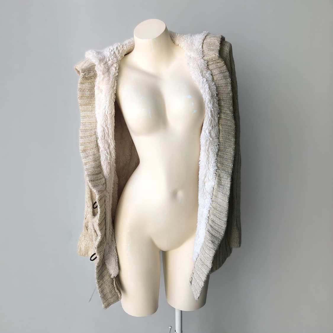 베이지 퍼 후드 더플 롱 가디건 상품이미지5